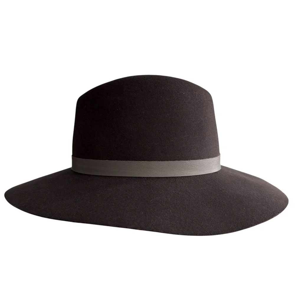 Janessa Leone Cole Hat Brown Wool Wide Brim Fedora Gray Leather Band Large USA
